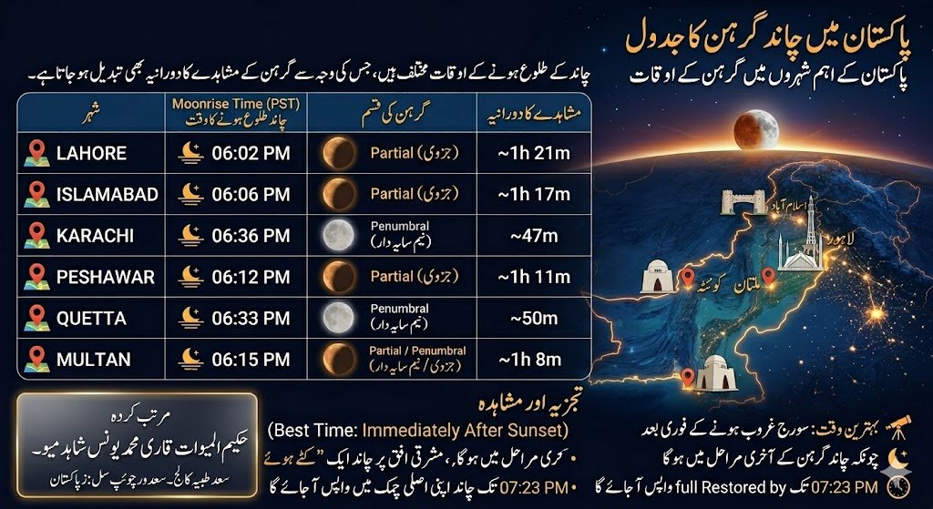 : 3 مارچ 2026ء کا مکمل چاند گرہن – فلکیاتی، جغرافیائی اور سائنسی تناظر